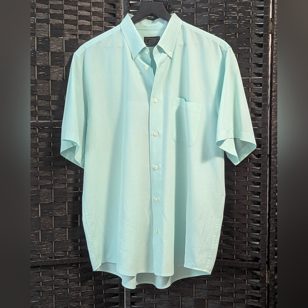 CEZANI Men's Aqua/white Gingham Short Sleeved Shirt Top Like NEW Large